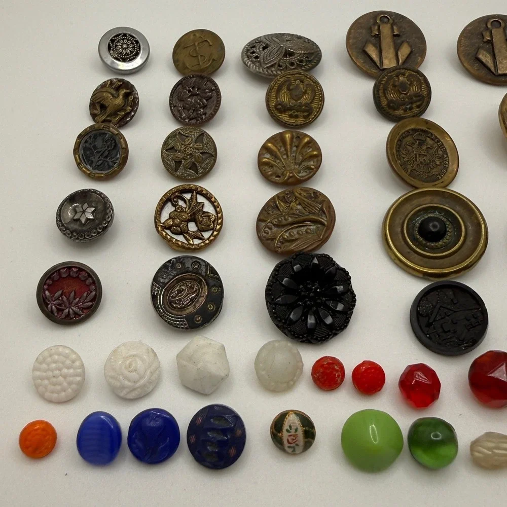 Vintage and Antique Button Lot Mixed Materials Brass Glass Military 60+ Pieces
